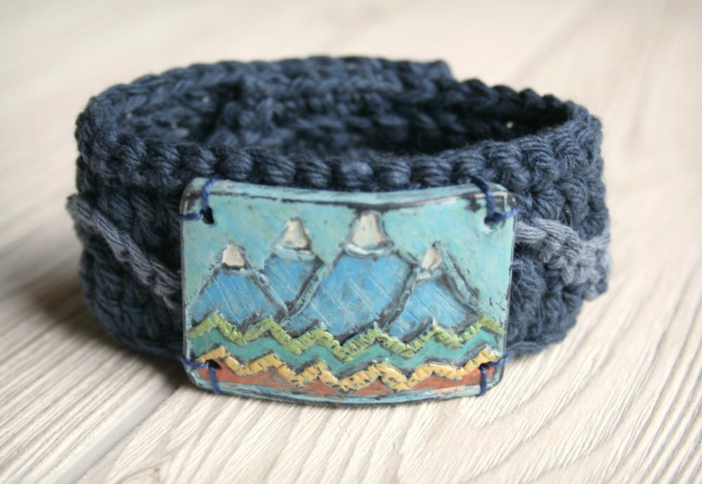 Crocheted Cuff with Mountain Scene Polymer Clay Button Womens/Mens