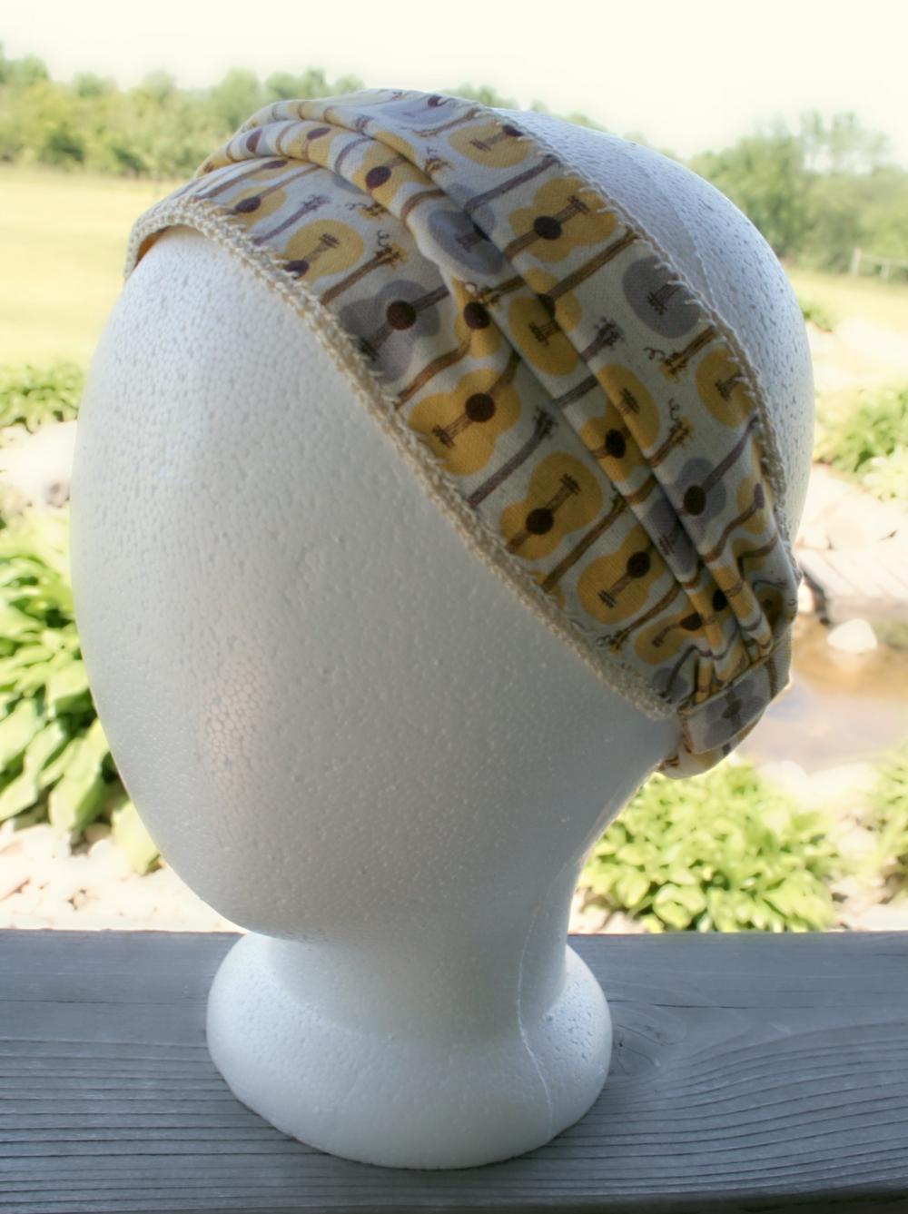 Wide Headband Guitar Print Fabric with Crochet Edging